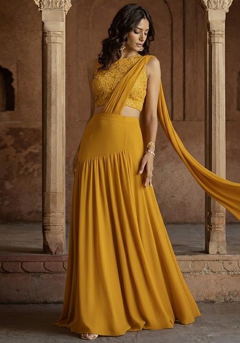 Mustard Yellow Embroidered Georgette Lehenga Set