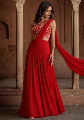 Deep Red Embroidered Georgette Lehenga Set