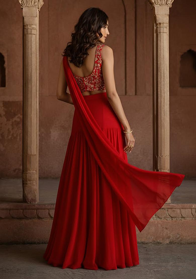 Deep Red Embroidered Georgette Lehenga Set - Indya
