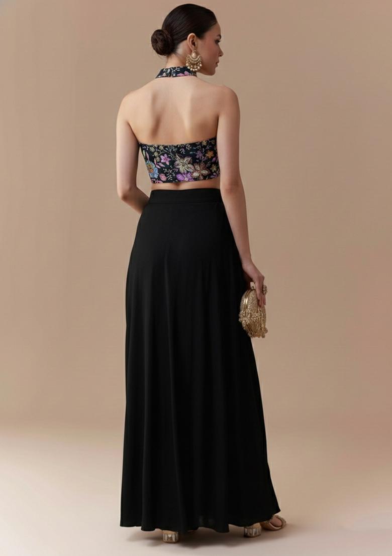 Black Embroidered Chinon Fusion Set - Indya