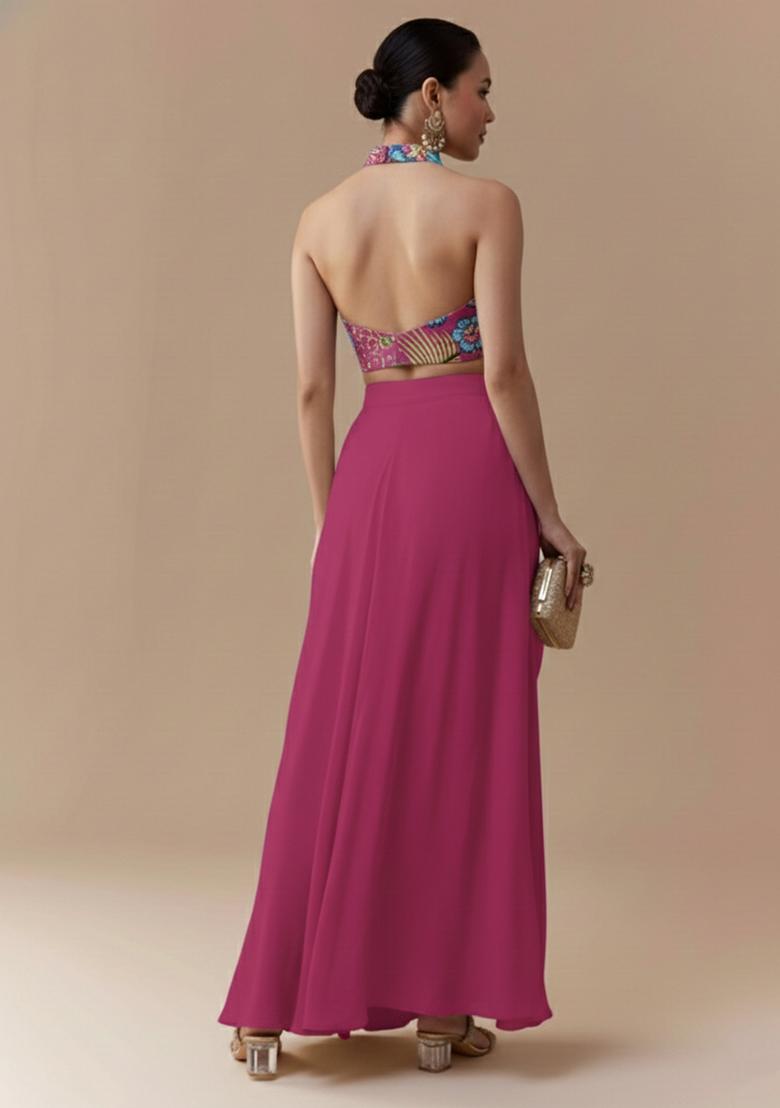 Pink Embroidered Chinon Fusion Set - Indya