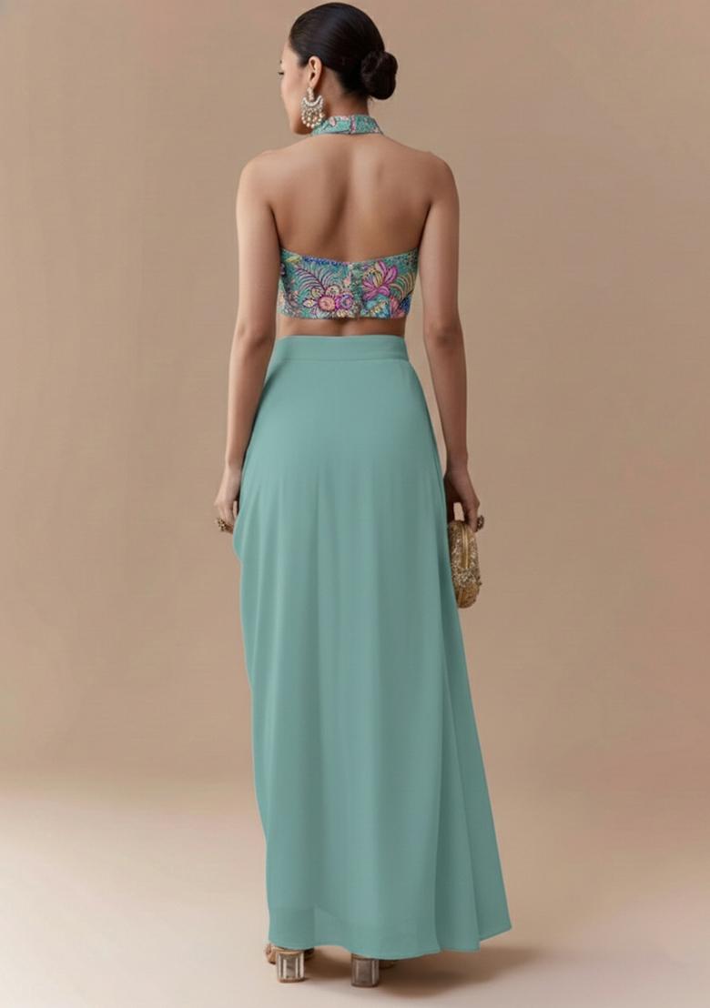 Ice Blue Embroidered Chinon Fusion Set - Indya