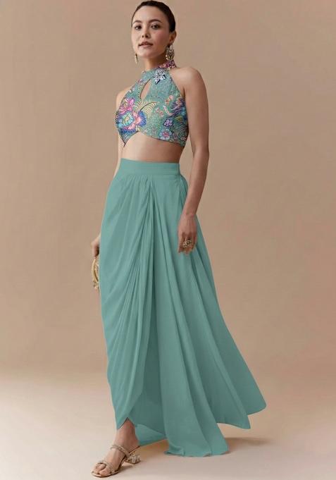 Ice Blue Embroidered Chinon Fusion Set