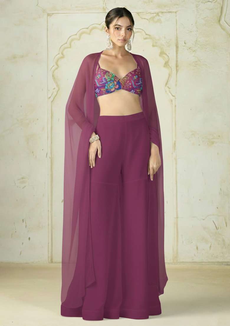 Mauve Embroidered Chinon Fusion Set - Indya