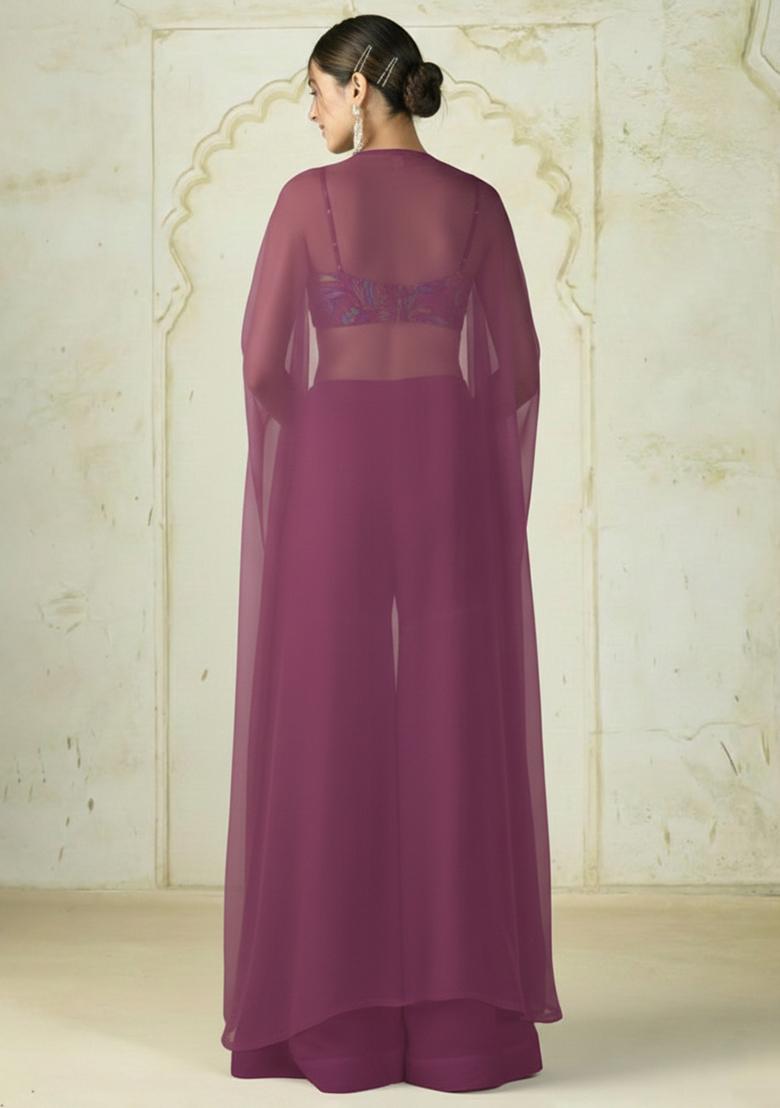 Mauve Embroidered Chinon Fusion Set - Indya