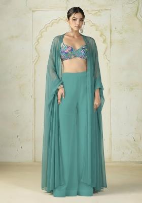 Ice Blue Embroidered Chinon Fusion Set