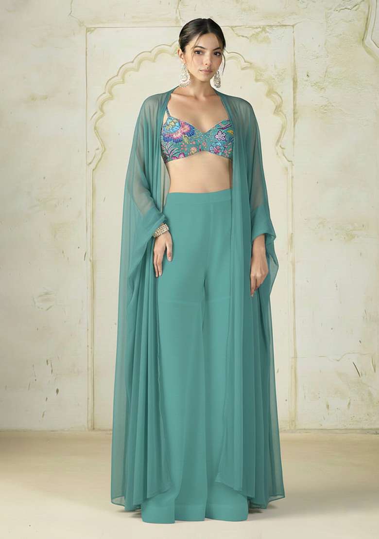 Ice Blue Embroidered Chinon Fusion Set - Indya