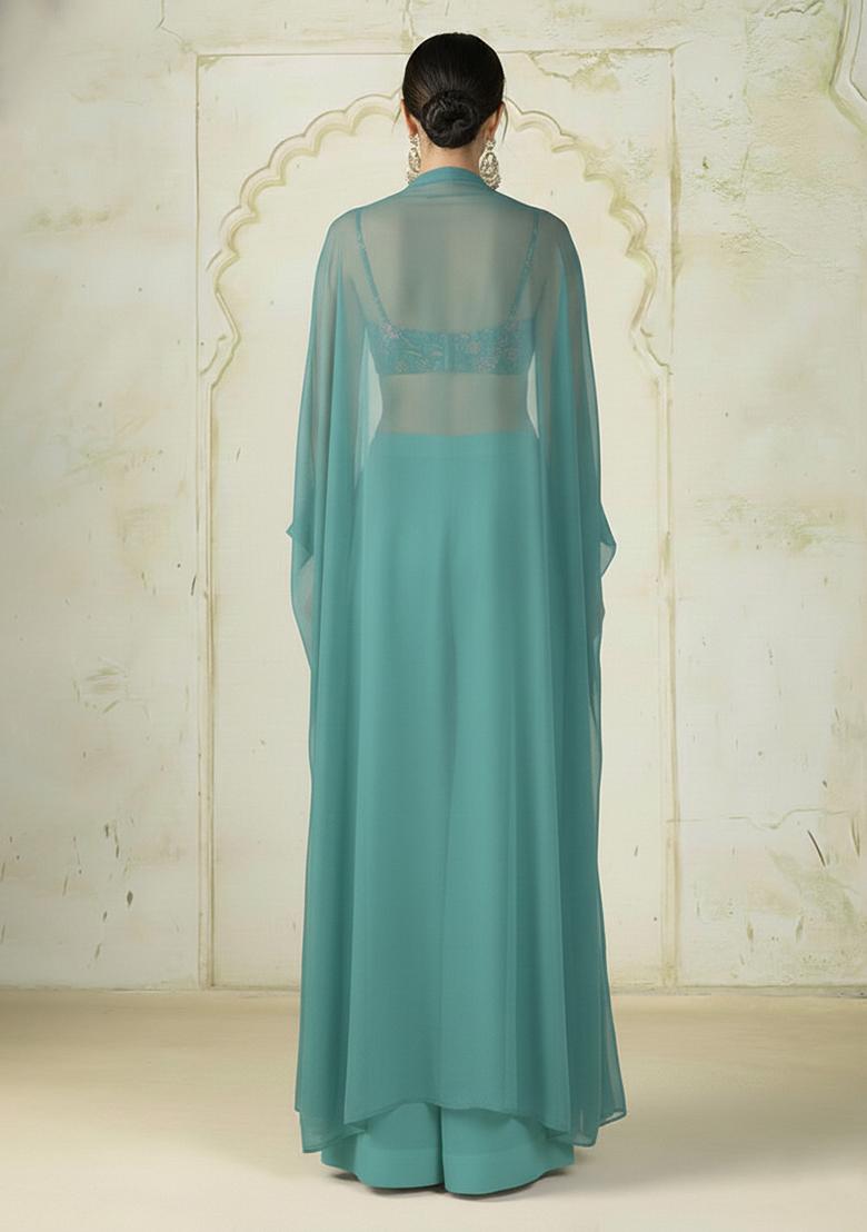 Ice Blue Embroidered Chinon Fusion Set - Indya