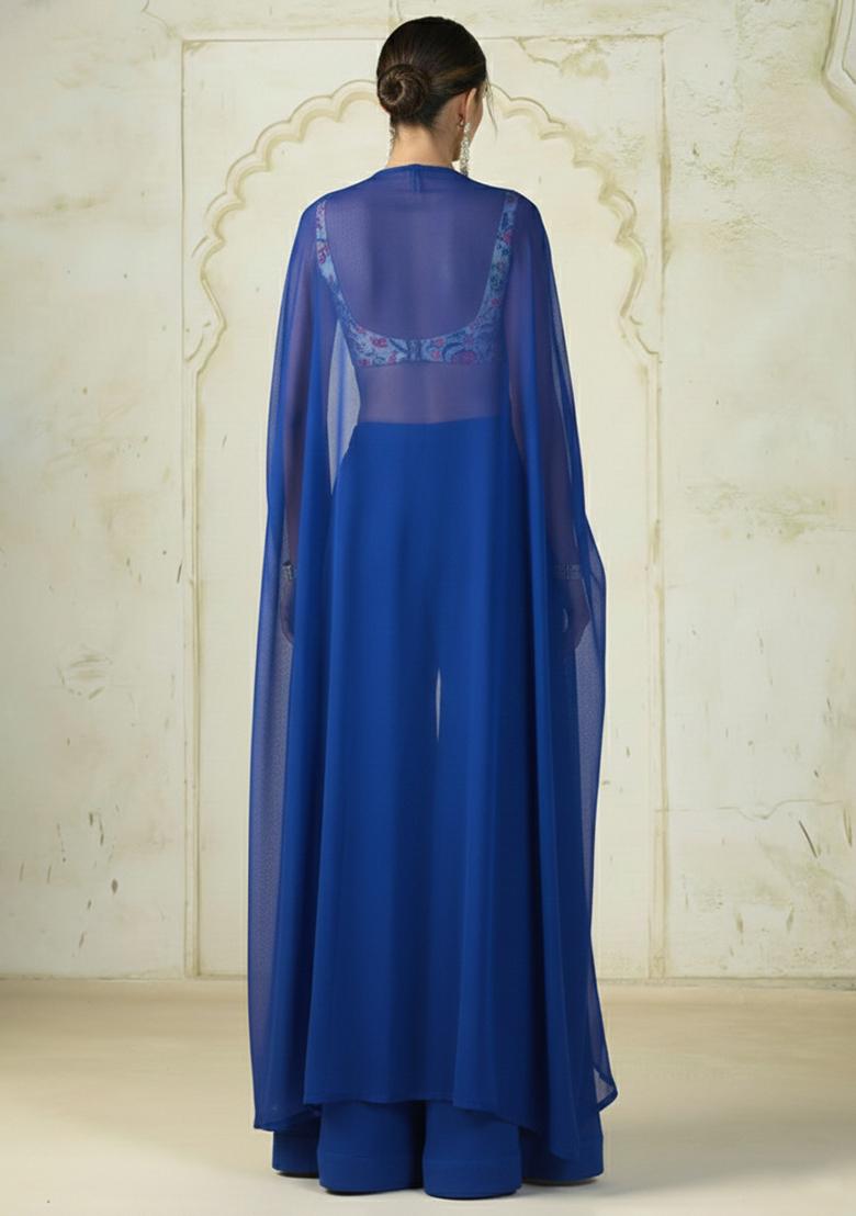 Royal Blue Embroidered Chinon Fusion Set - Indya