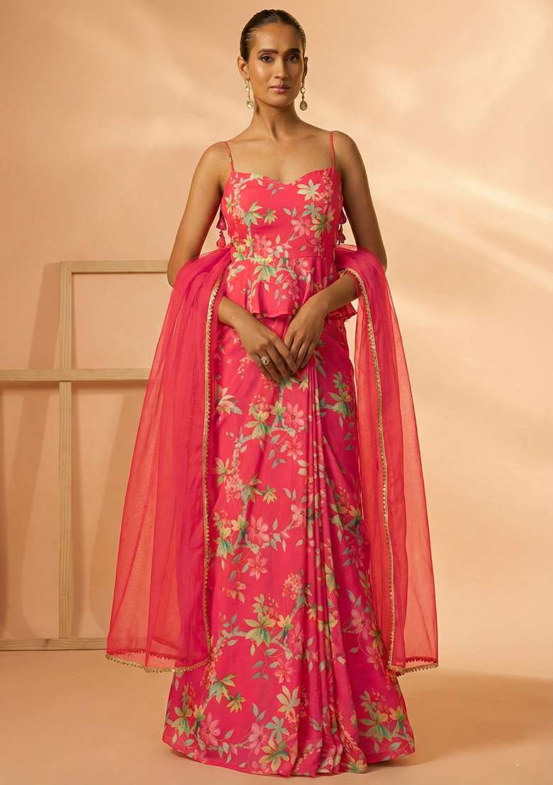Coral Red Floral Print Georgette Fusion Set for Diwali and Festive Wear - Indya
