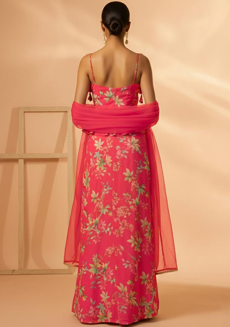 Coral Red Floral Print Georgette Fusion Set - Indya