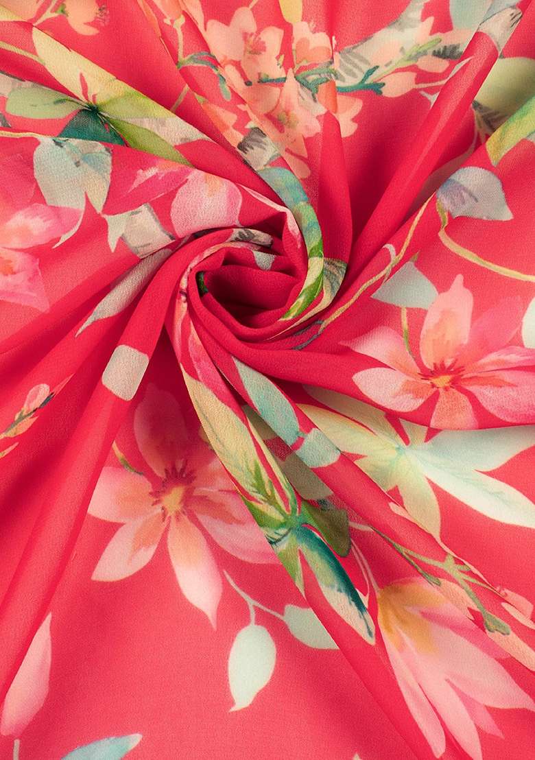 Coral Red Floral Print Georgette Fusion Set for Diwali and Festive Wear - Indya