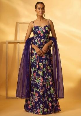 Deep Plum Floral Print Georgette Fusion Set