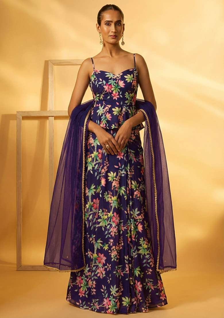 Deep Plum Georgette Fusion Set with Floral Print for Diwali | Wedding & Festive Wear - Indya