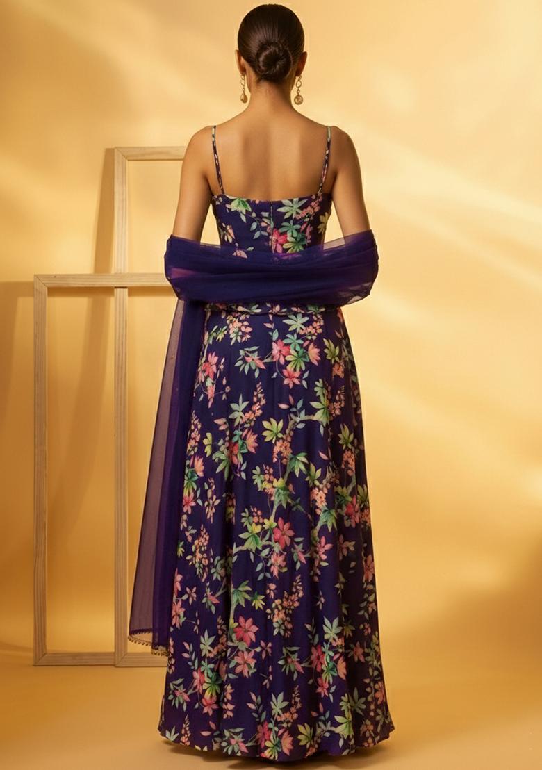 Deep Plum Floral Print Georgette Fusion Set - Indya