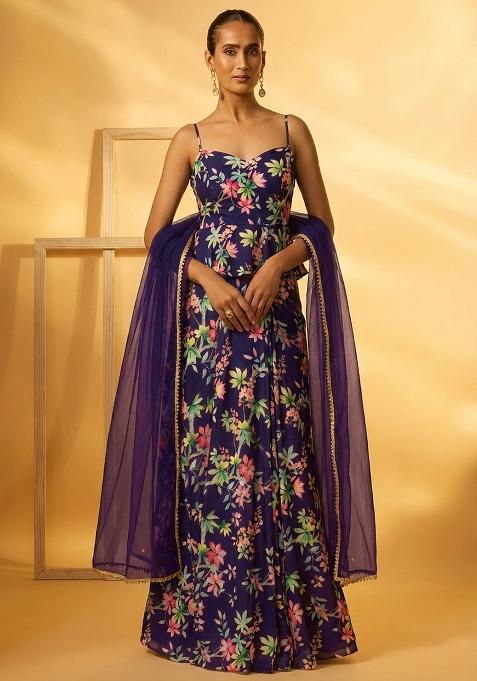 Deep Plum Floral Print Georgette Fusion Set