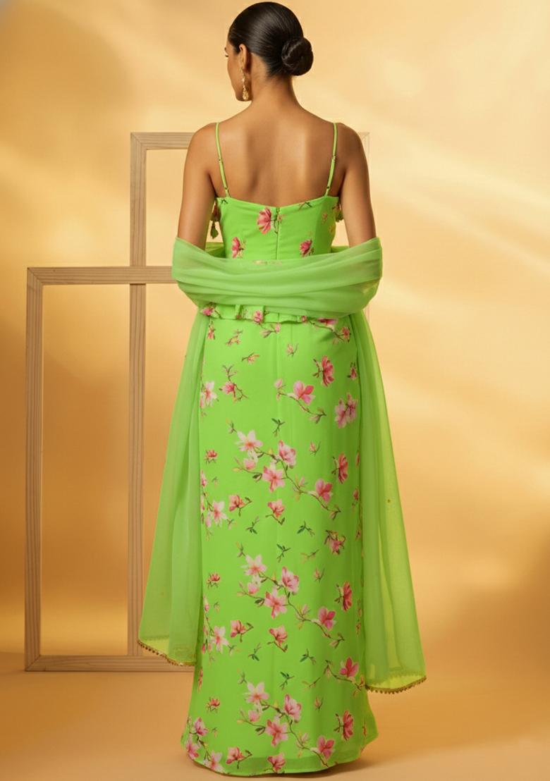Pistachio Green Floral Print Georgette Fusion Set - Indya