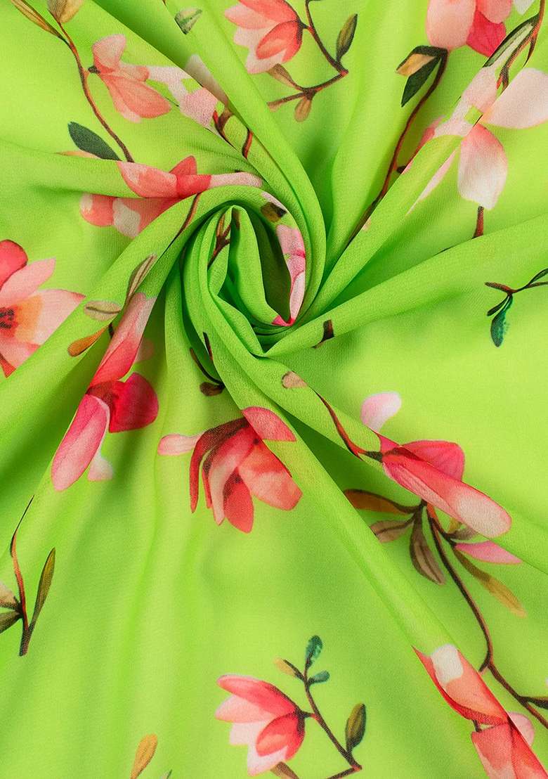 Pistachio Green Georgette Fusion Set with Floral Print for Diwali | Wedding & Festive Wear - Indya