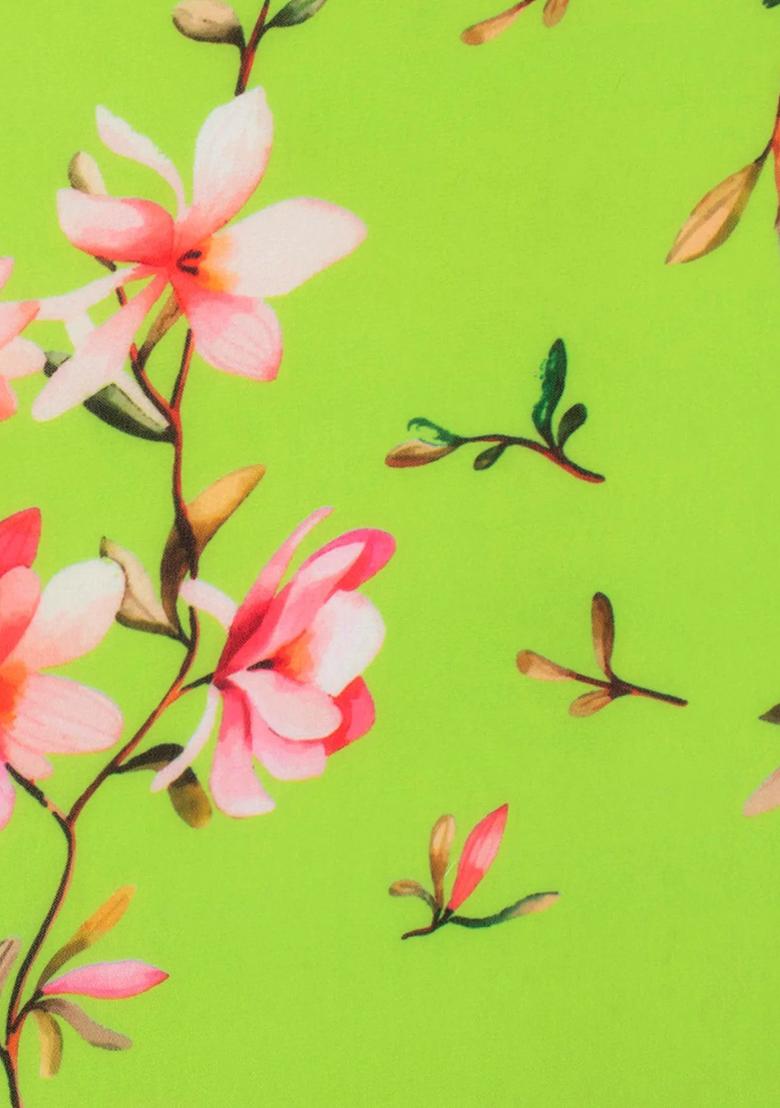 Pistachio Green Floral Print Georgette Fusion Set - Indya