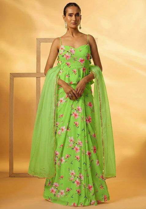 Pistachio Green Floral Print Georgette Fusion Set