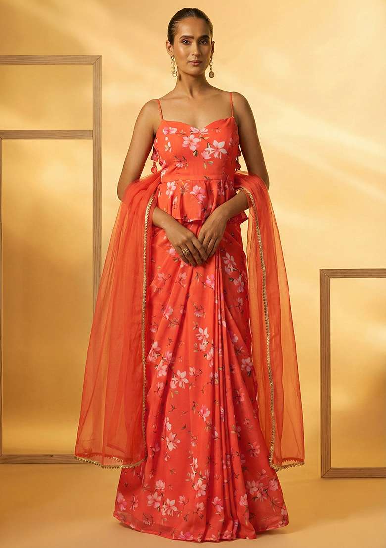 Coral Orange Floral Print Georgette Fusion Set for Diwali and Festive Wear - Indya