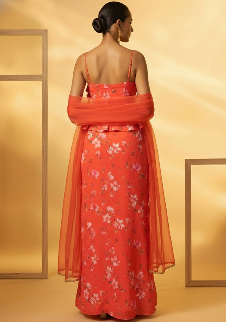 Coral Orange Floral Print Georgette Fusion Set - Indya