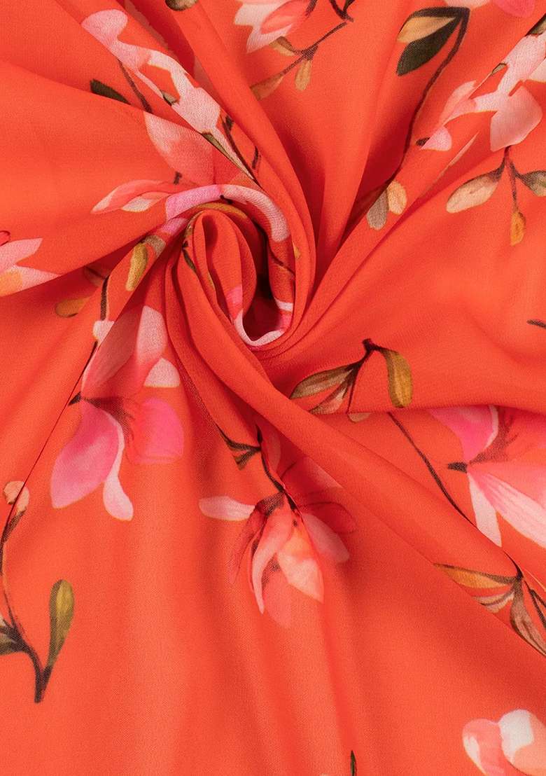 Coral Orange Floral Print Georgette Fusion Set for Diwali and Festive Wear - Indya