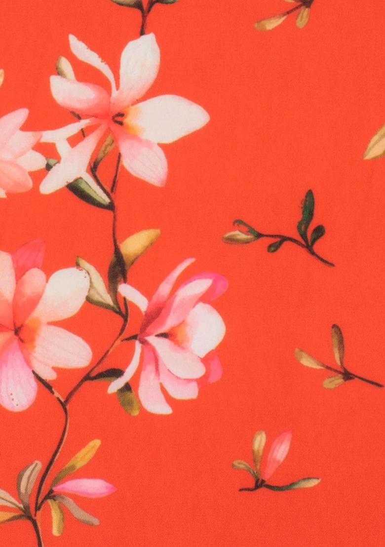 Coral Orange Floral Print Georgette Fusion Set - Indya