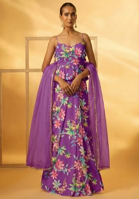 Royal Purple Floral Print Georgette Fusion Set