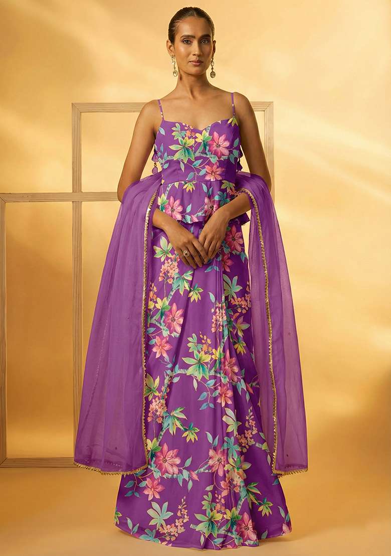 Royal Purple Georgette Fusion Set with Floral Print for Diwali | Wedding & Festive Wear - Indya