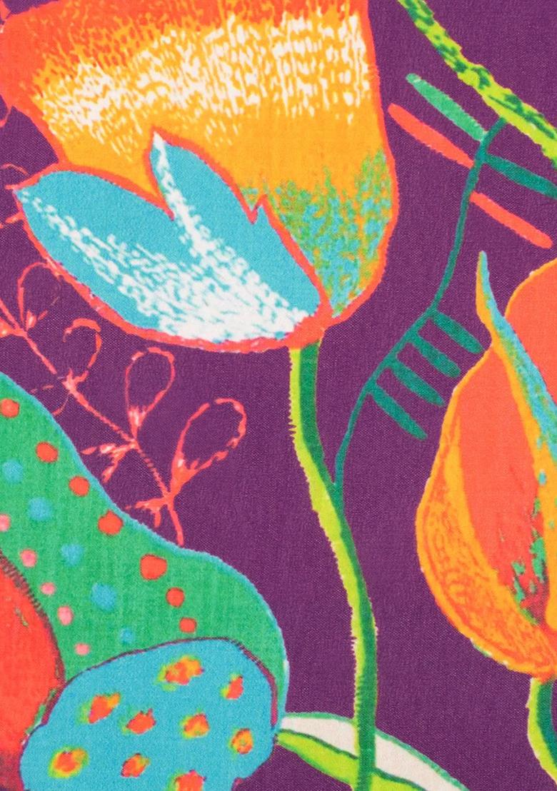 Royal Purple Floral Print Georgette Fusion Set - Indya