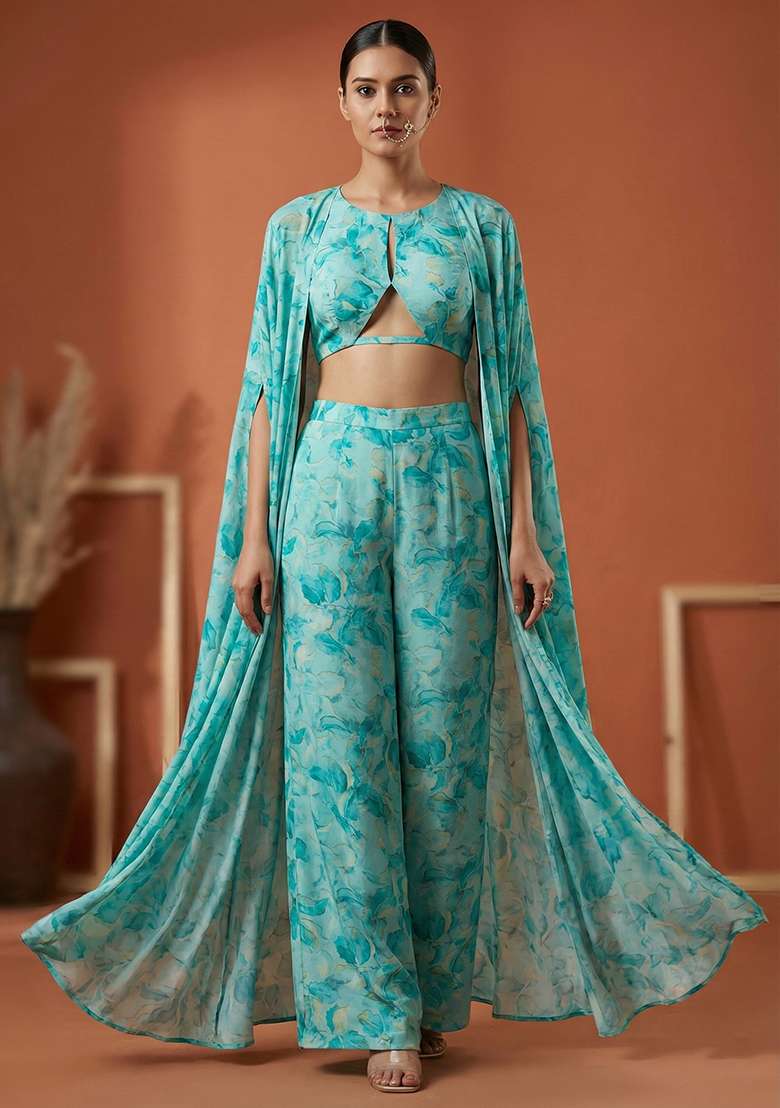 Aqua Blue Floral Print Georgette Fusion Set - Indya