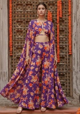 Plum Purple Floral Print Georgette Fusion Set