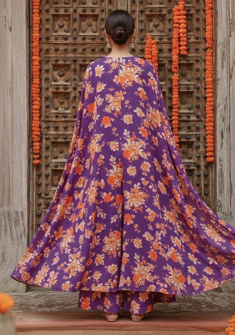 Plum Purple Floral Print Georgette Fusion Set - Indya