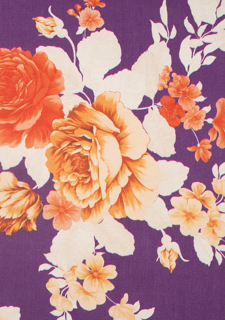 Plum Purple Floral Print Georgette Fusion Set - Indya