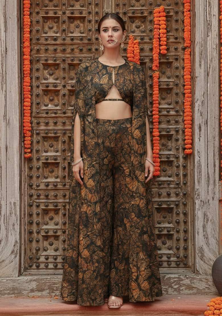 Brown Floral Print Georgette Fusion Set - Indya