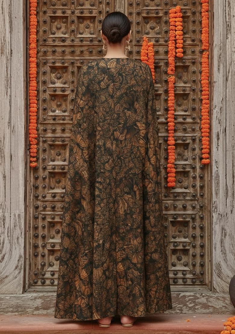 Brown Floral Print Georgette Fusion Set - Indya
