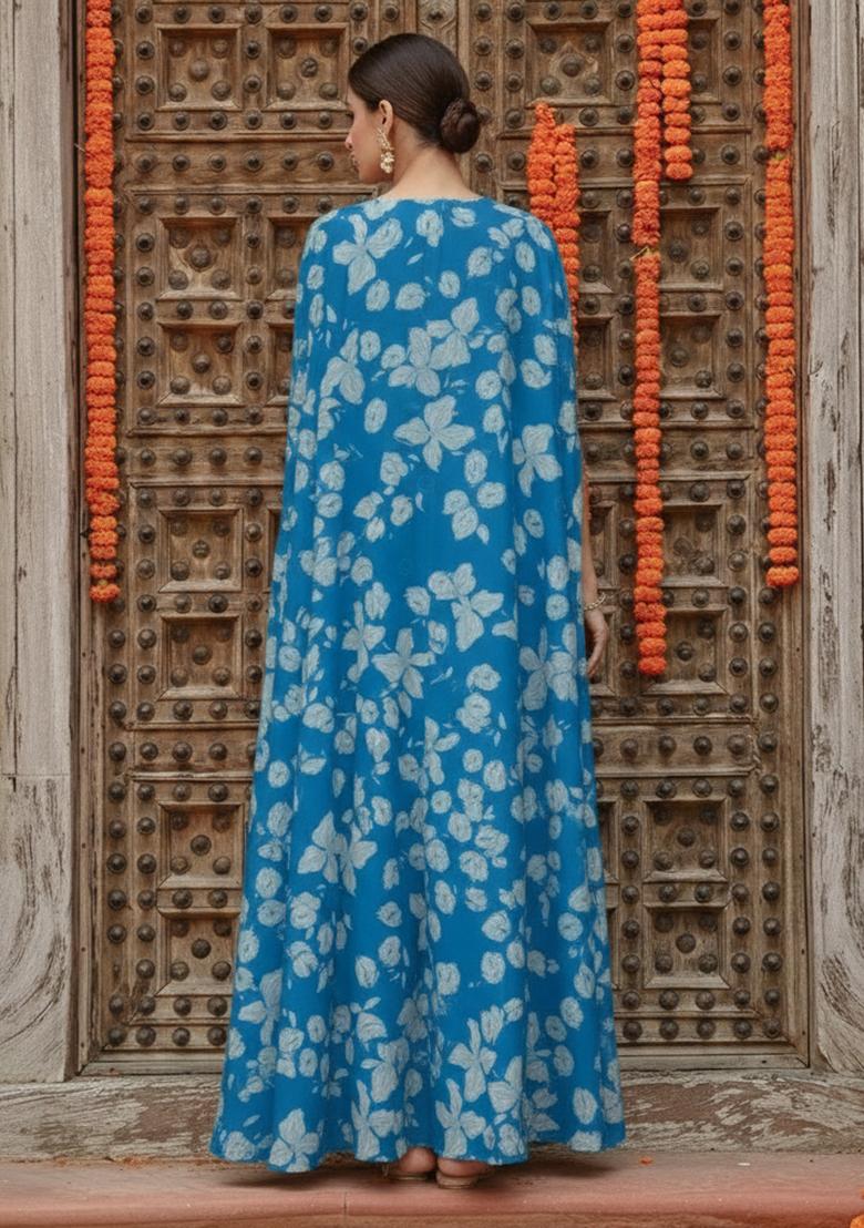 Teal Blue Floral Print Georgette Fusion Set - Indya