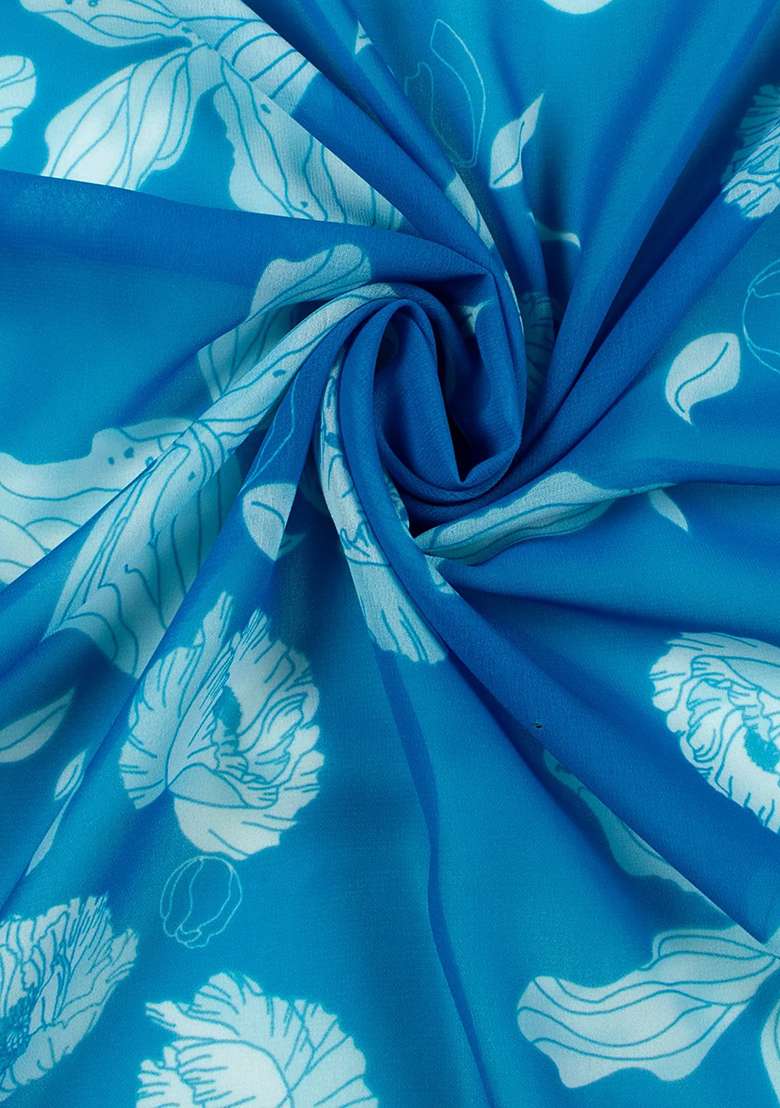 Teal Blue Floral Print Georgette Fusion Set - Indya