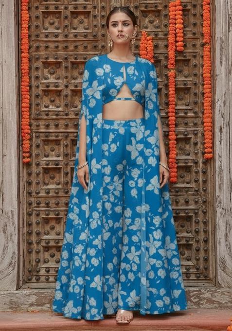 Teal Blue Floral Print Georgette Fusion Set — view on Indya