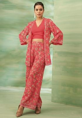 Peach Floral Print Crepe Fusion Set