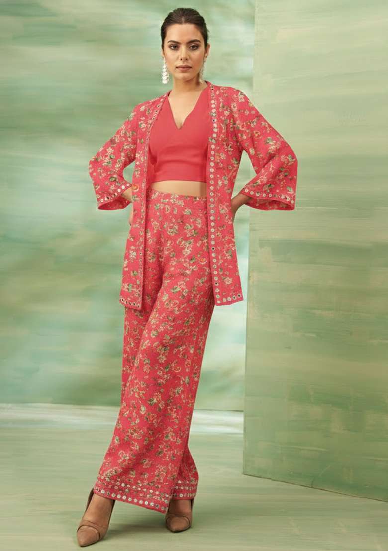 Peach Crepe Fusion Set with Floral Print for Diwali | Wedding & Festive Wear - Indya
