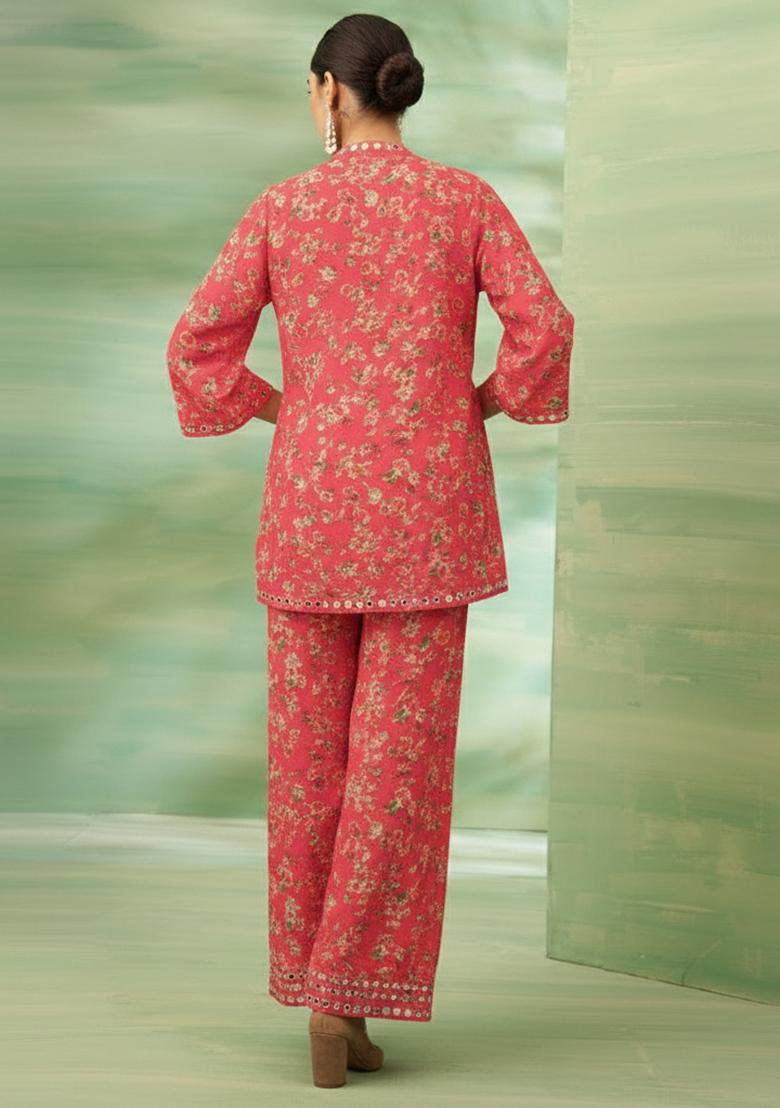 Peach Floral Print Crepe Fusion Set - Indya