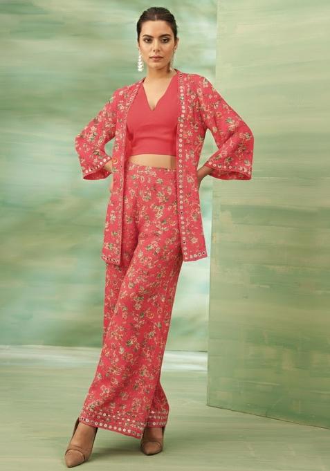 Peach Floral Print Crepe Fusion Set