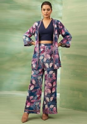 Navy Blue Floral Print Crepe Fusion Set