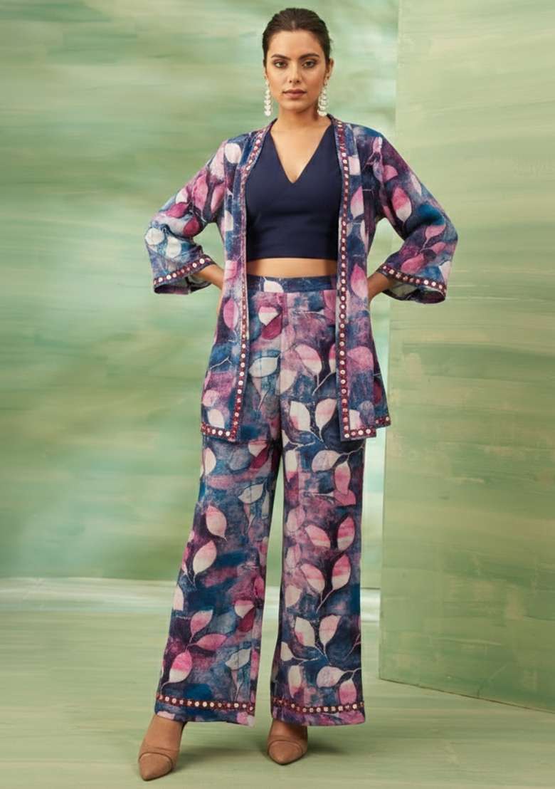 Navy Blue Floral Print Crepe Fusion Set - Indya