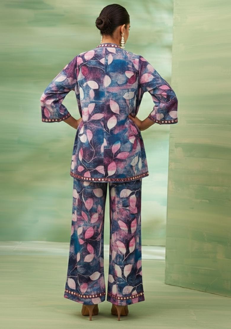 Navy Blue Floral Print Crepe Fusion Set - Indya