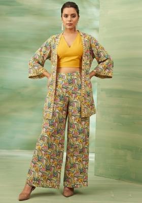 Sage Green Floral Print Crepe Fusion Set