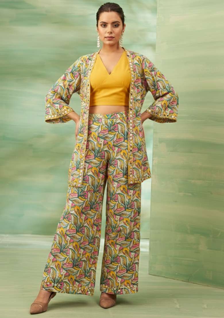 Sage Green Floral Print Crepe Fusion Set - Indya