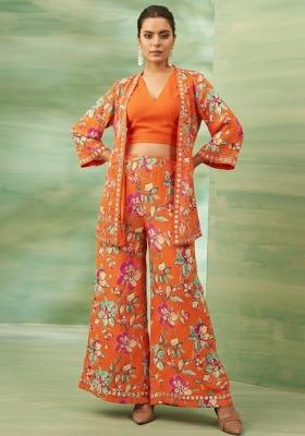 Orange Floral Print Crepe Fusion Set